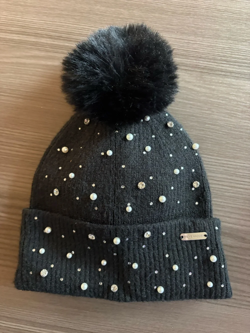 Steve Madden Black Beanie with Faux Fur Pom and Pearl & Rhinestone Accents